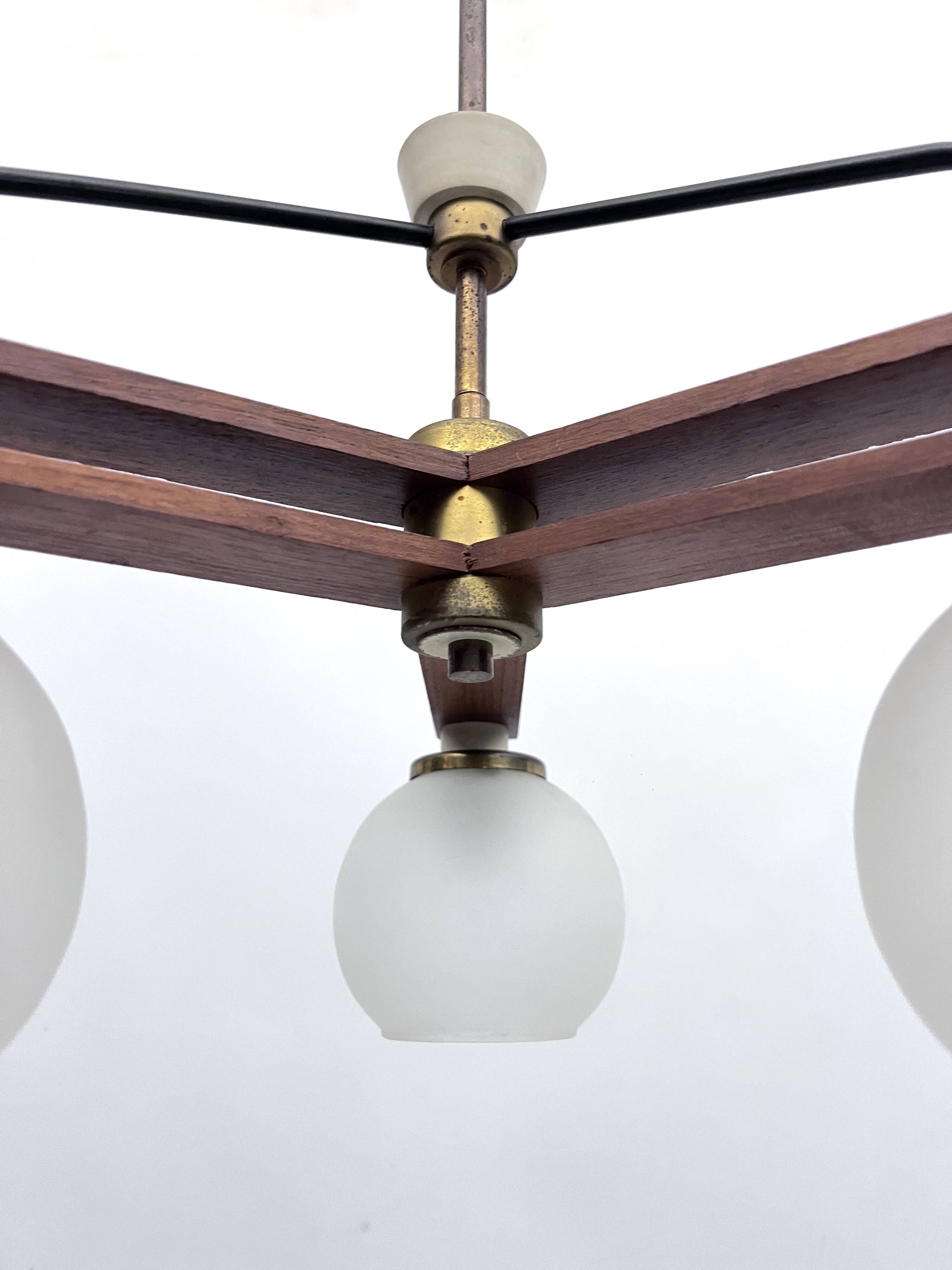 Vintage three satin glasses chandelier. Italy 1950s