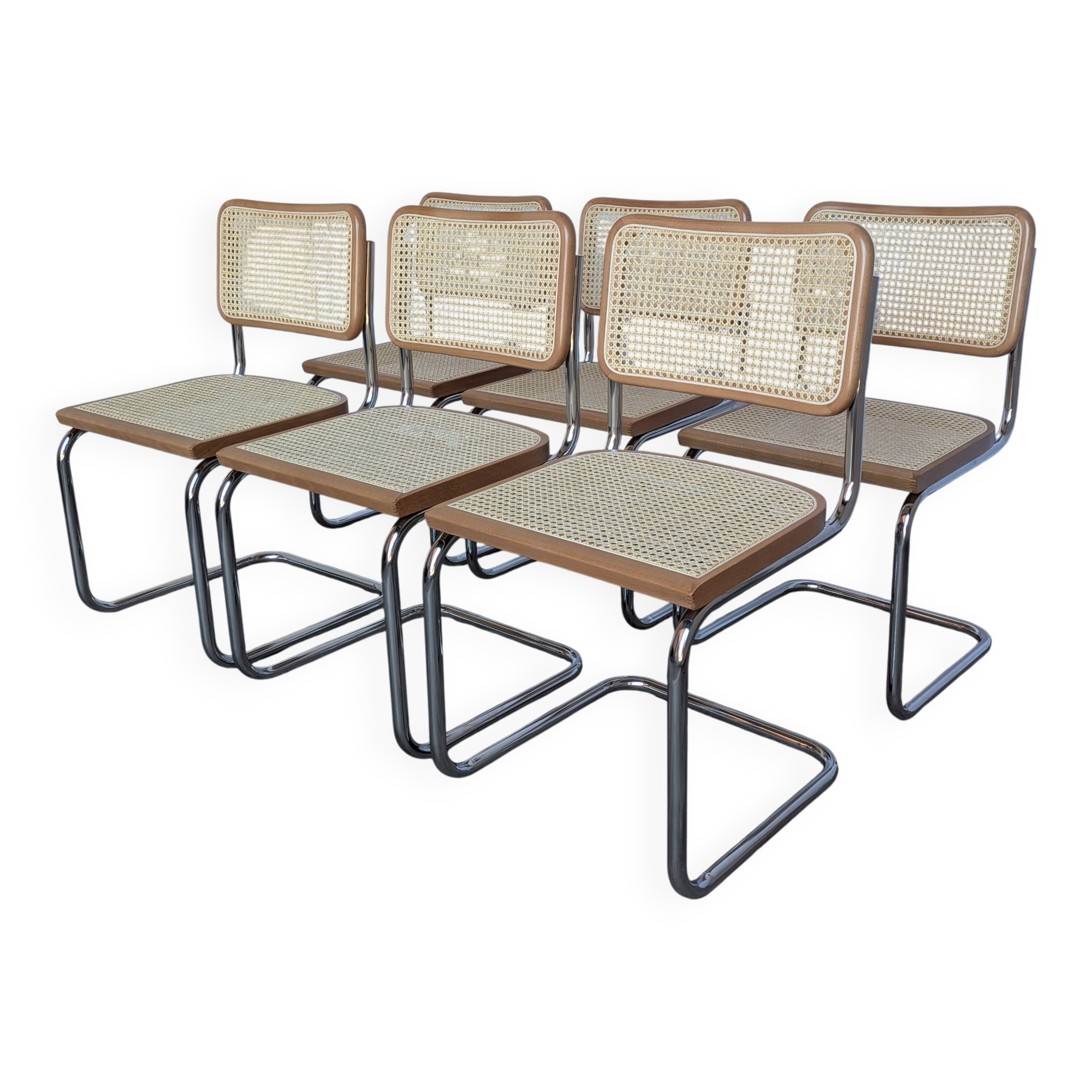 Ensemble de 6 chaises Cesca Design Marcel Breuer / Noyer clair, cannage, chrome, salle à manger