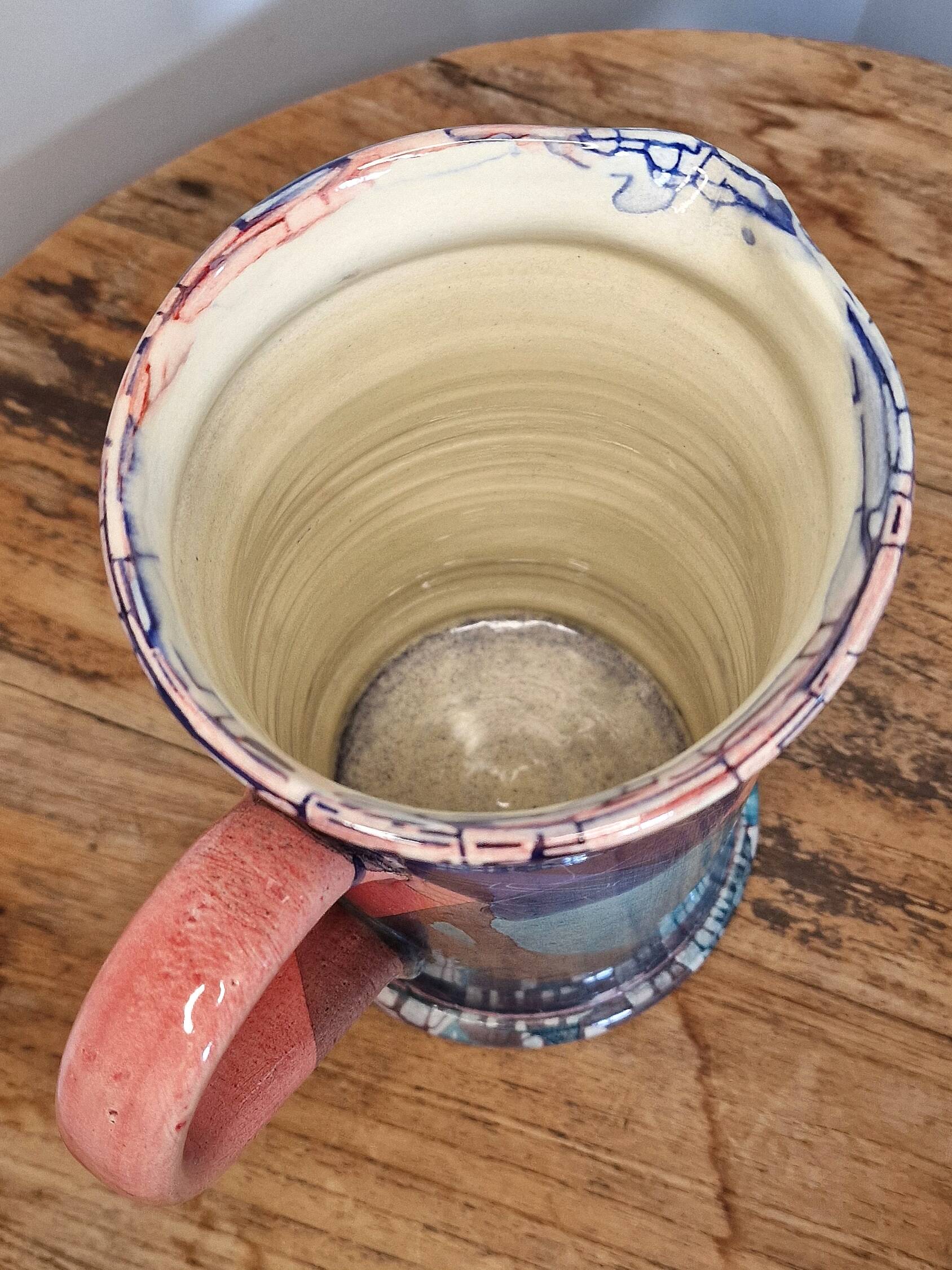 Large sculptural ceramic pitcher by a signed artist – abstract decoration