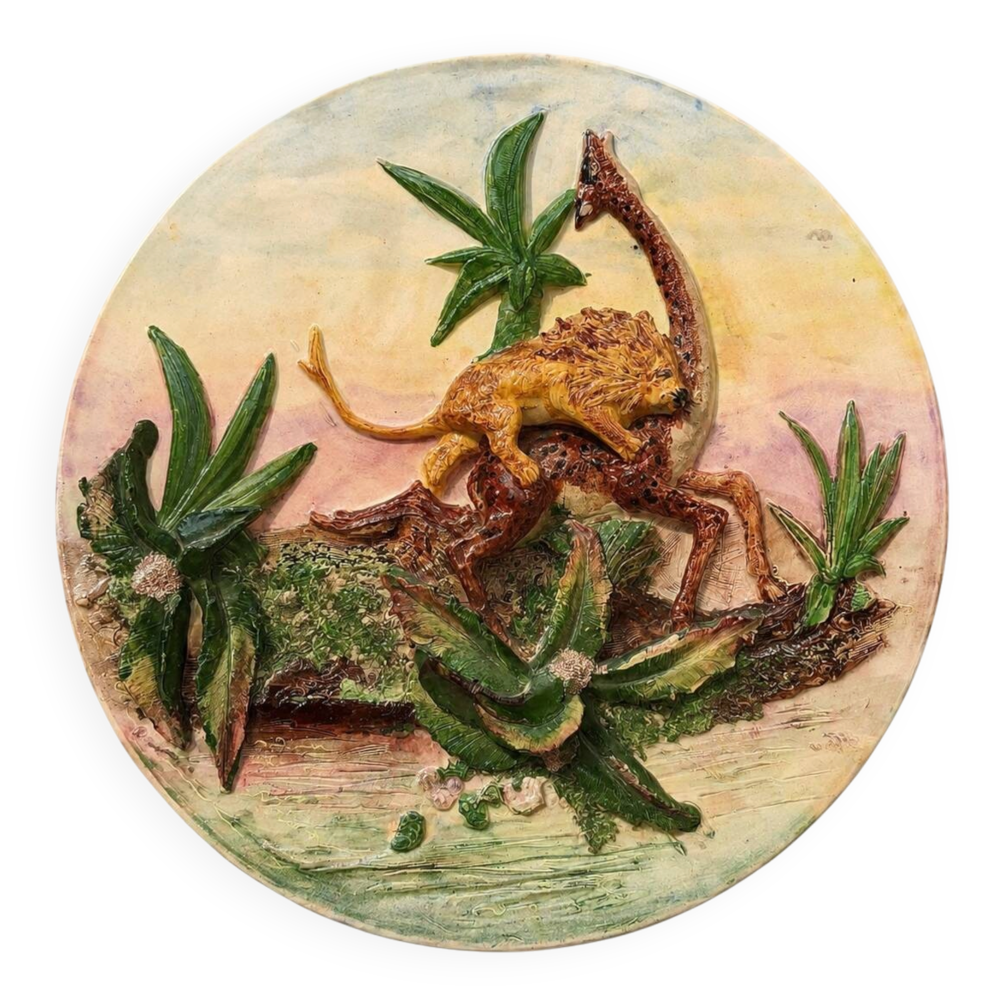Large wall plate in ceramic with relief decoration