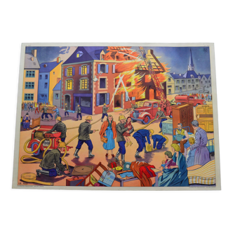 Affiche scolaire pédagogique Rossignol recto/verso "le feu" et "le magasin de jouet"