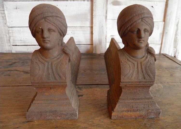 Old pair of andirons cast iron head fakir deco fireplace Castle were