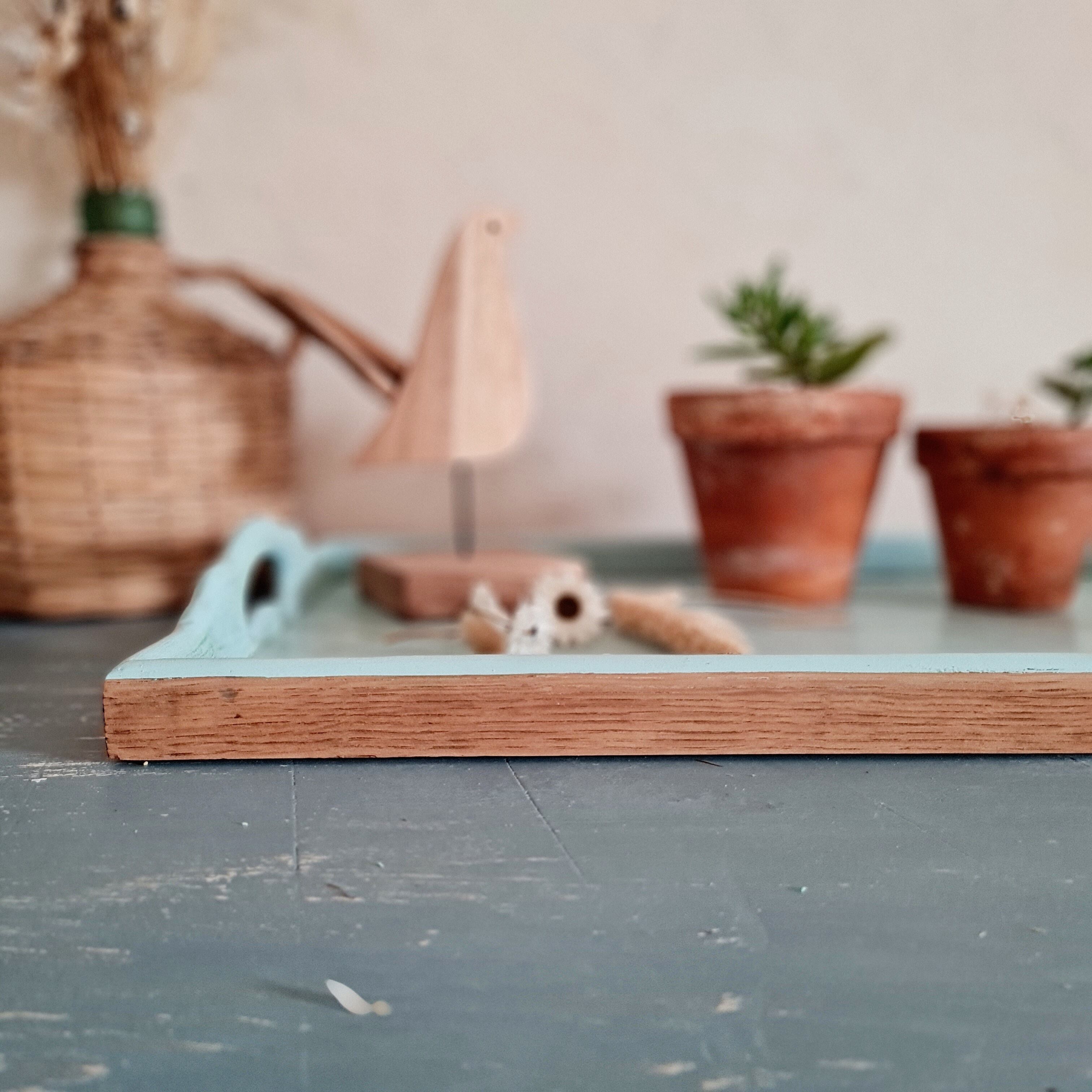 Presentation tray in old wood renovated blue with handles