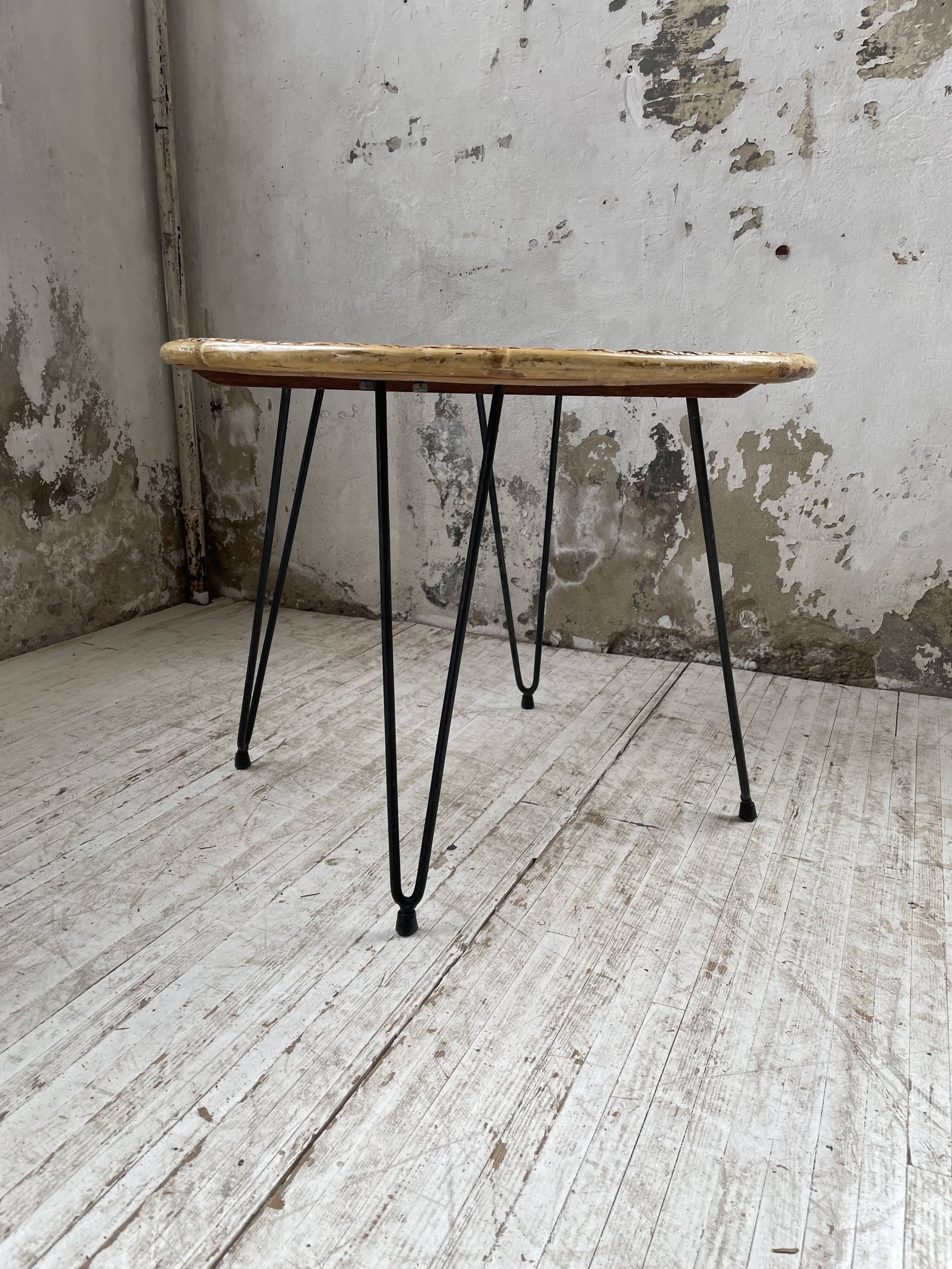 Wicker and metal coffee table from the 1950s
