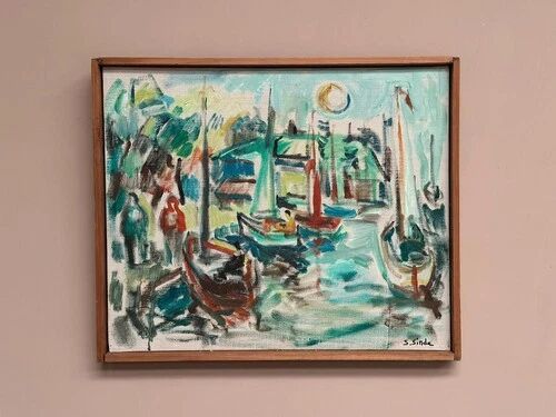 Original Swedish Oil on Canvas" Harbor" By Sven Sinde, Vintage & Framed 47×38cm