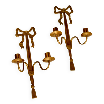 Pair of vintage French brass double arm bow sconces