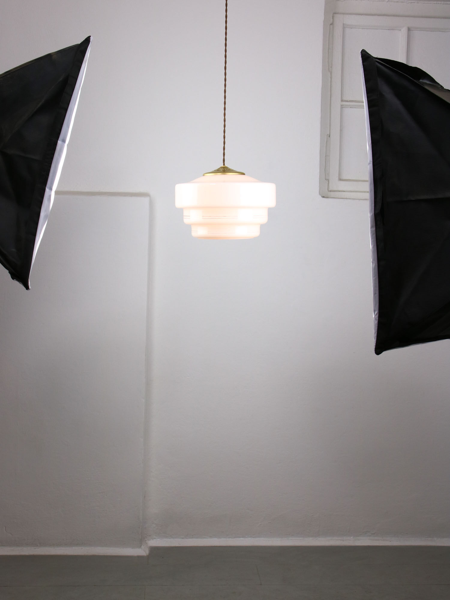 Mid-century Cascade Brass and Opaline Pendant Lamp