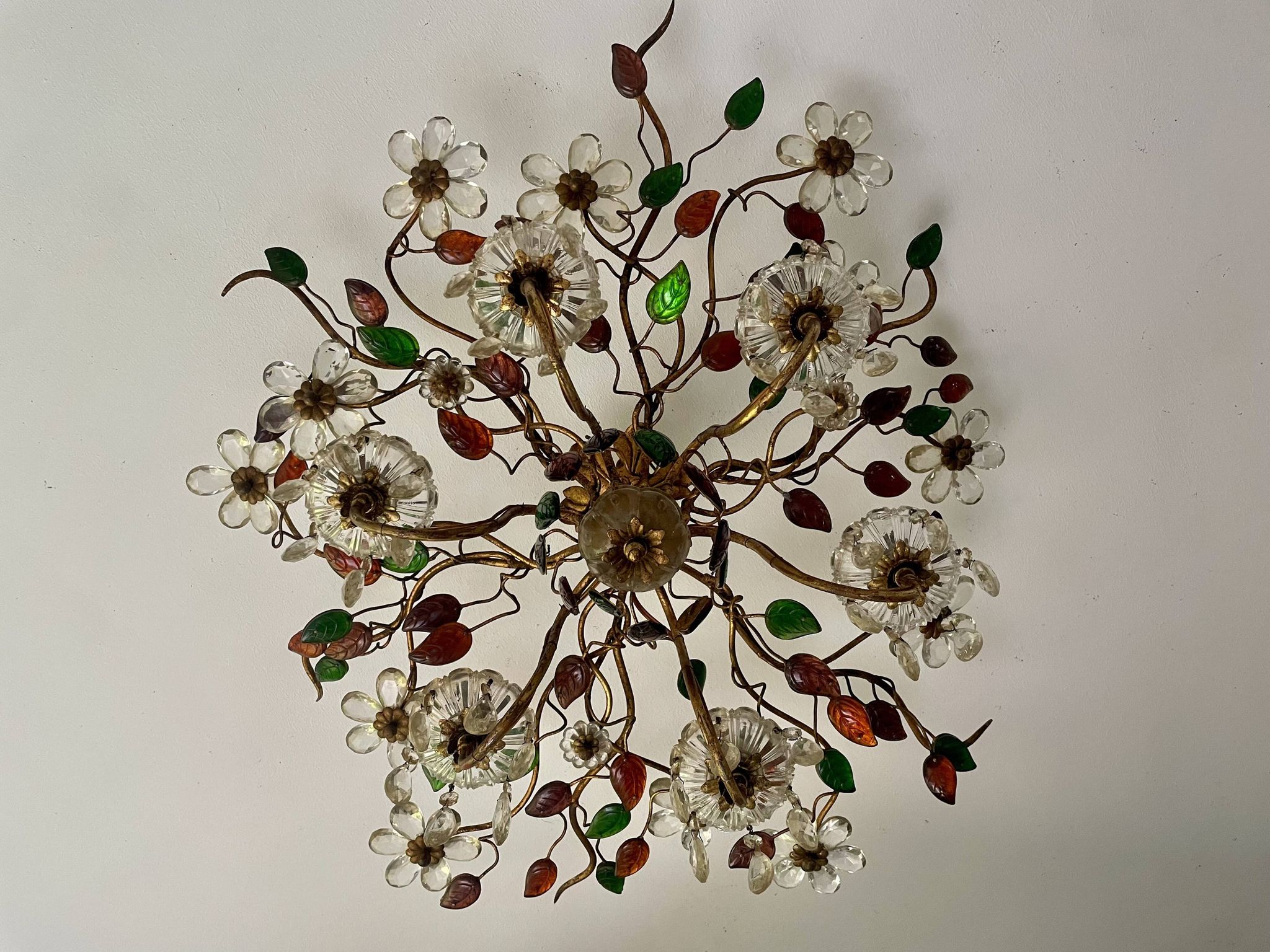 Floral chandelier Banci Firenze with 6 lights, coloured glass and gold metal.