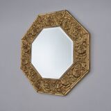 Miroir octogonal antique Arts & Crafts en laiton gaufré à fleurs des années 1920