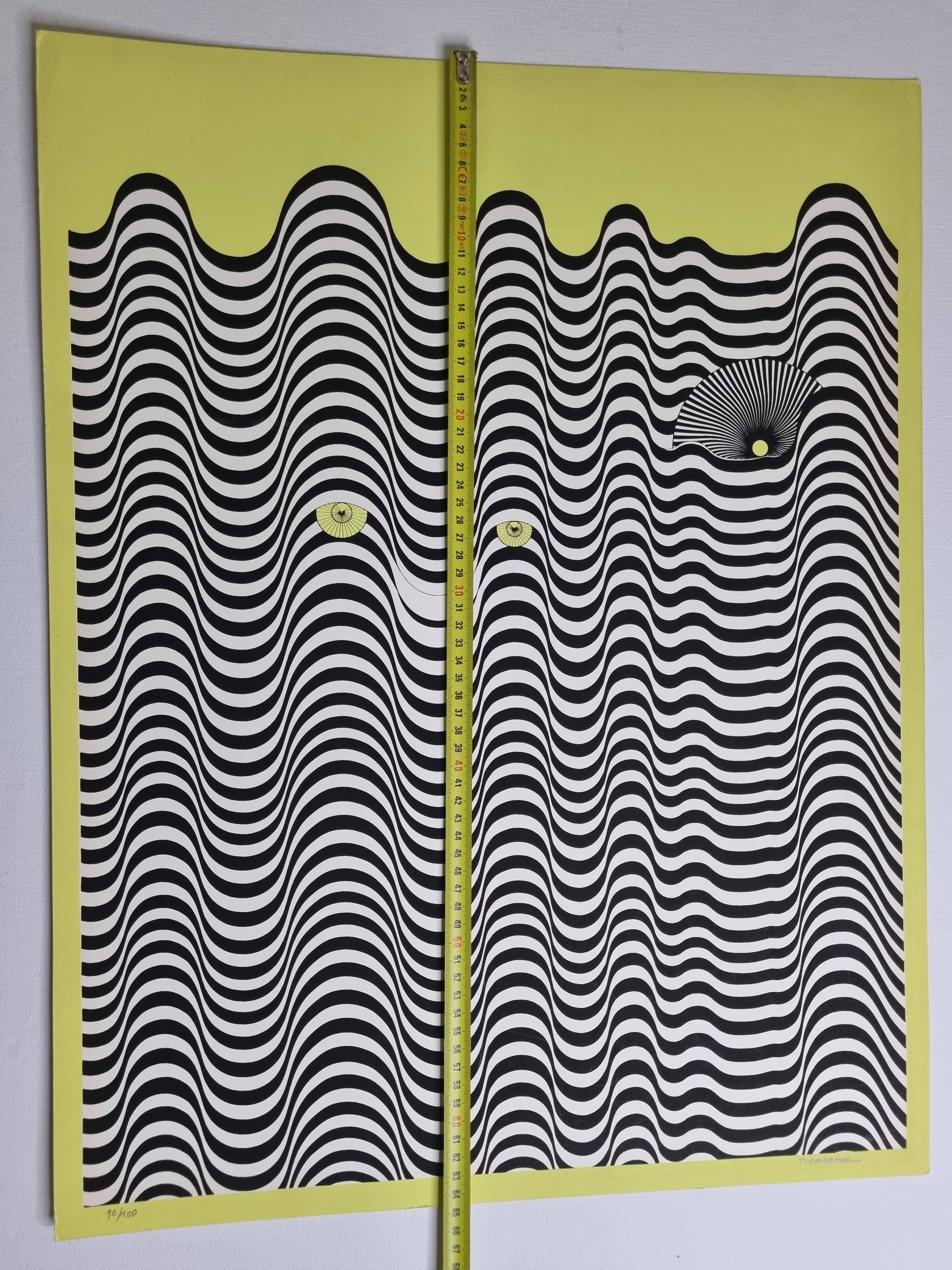 Screenprint signed after Maurice Tirmarche, Optical work of art "Op Art in yellow", 50 x 65 cm