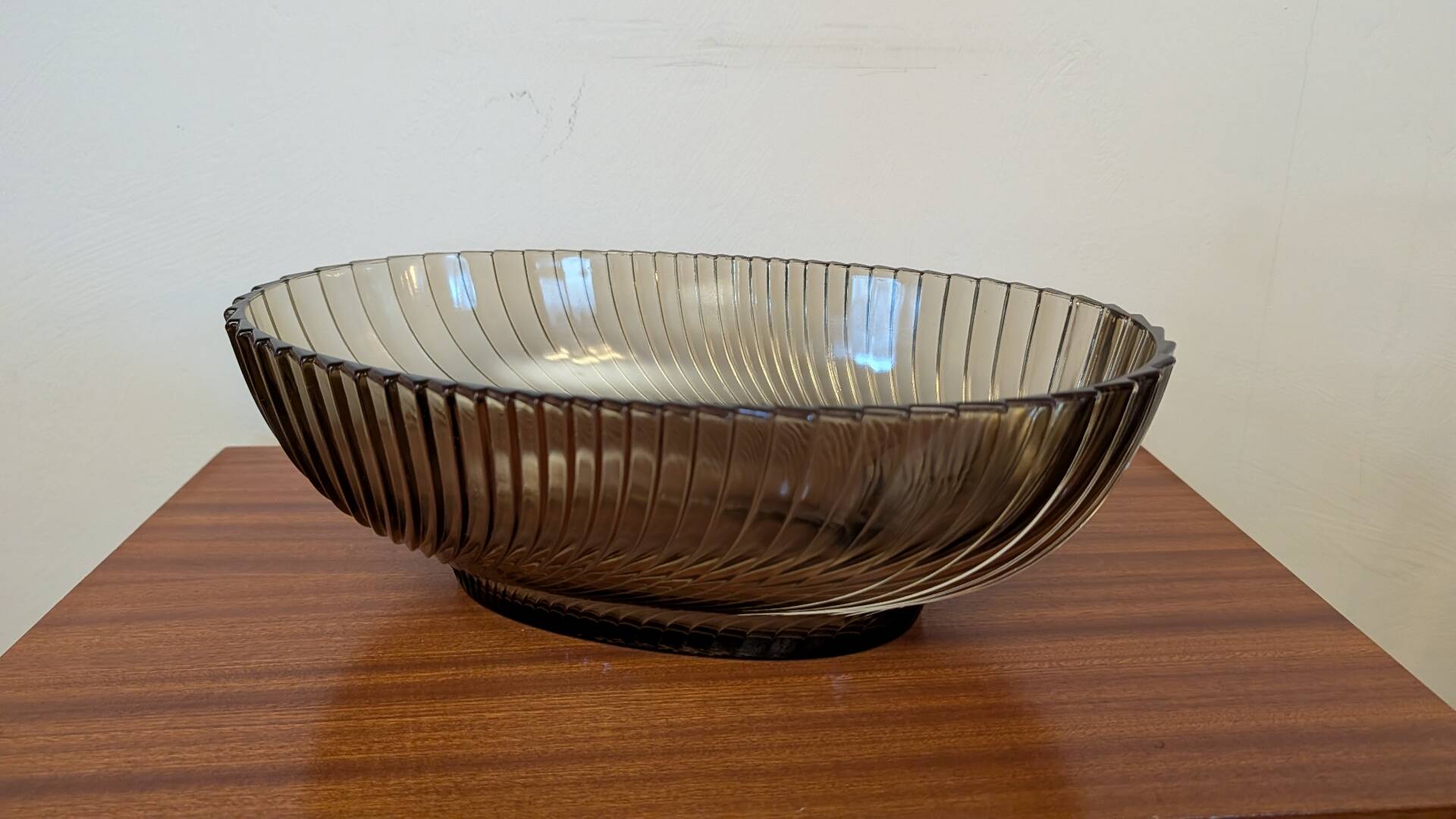 Large modernist twisted smoked glass bowl – 1970s