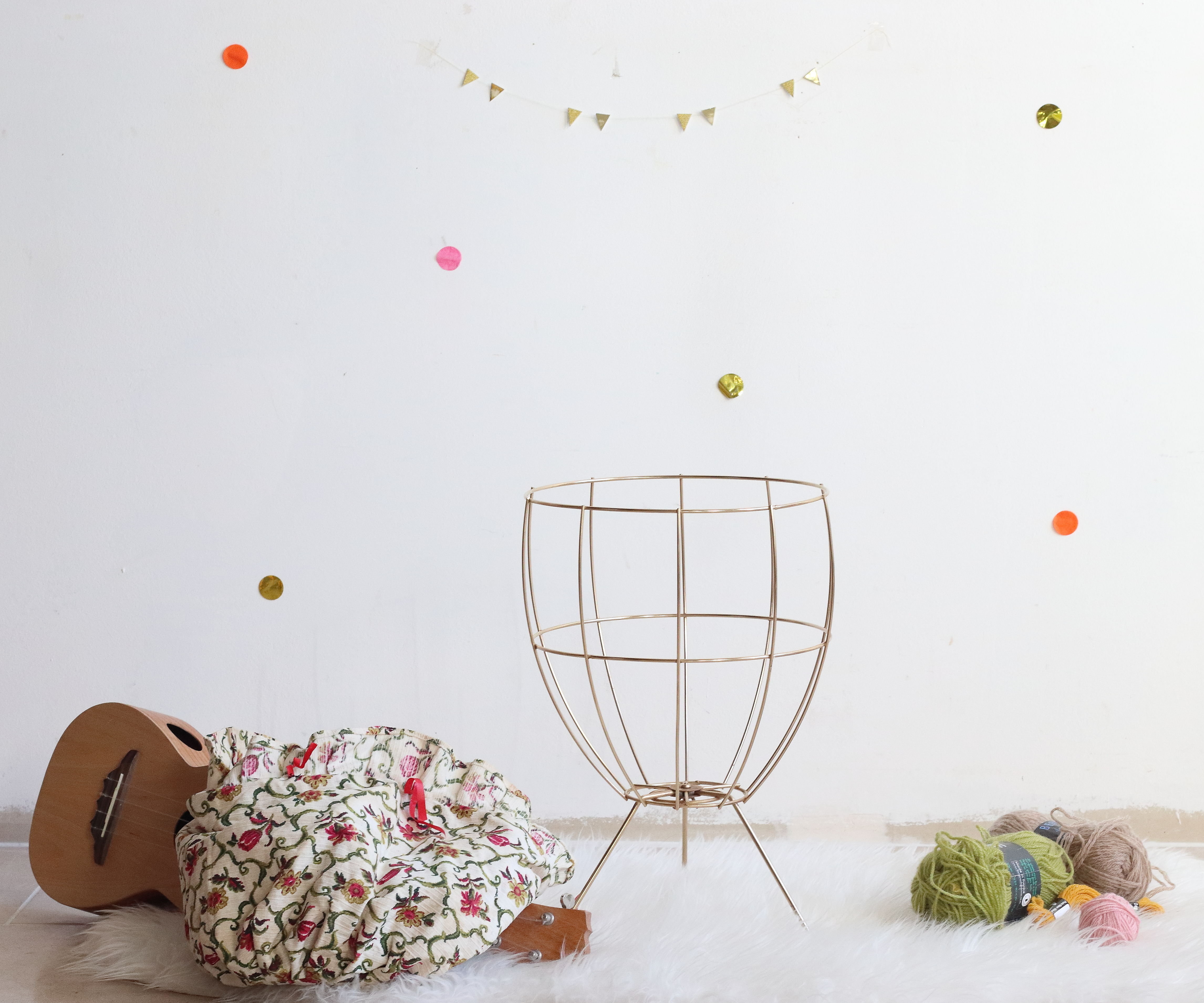 Worker golden brass tripod sewing basket