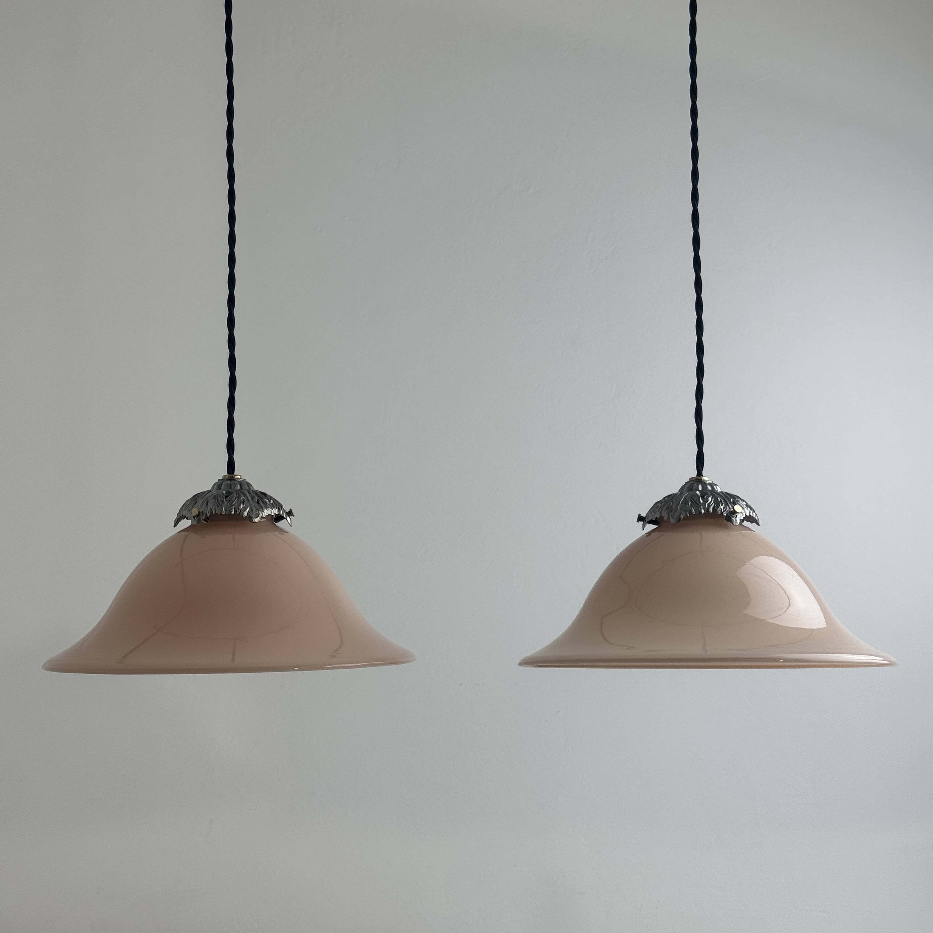 Pair of vintage pink opaline conical suspensions