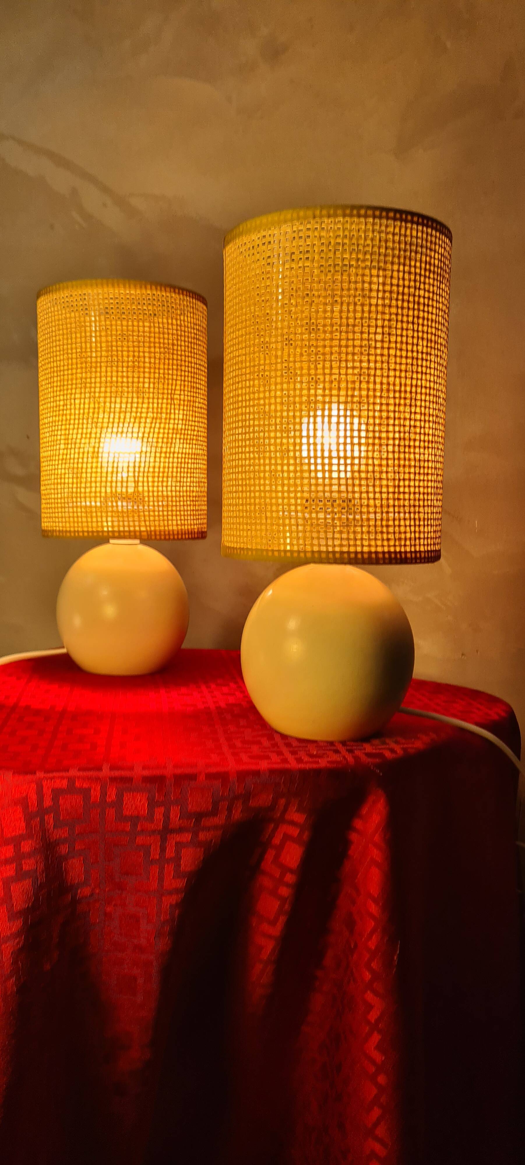 Pair of wooden bedside lamps with rush lampshades, scandinavian