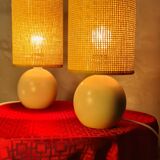 Pair of wooden bedside lamps with rush lampshades, scandinavian