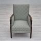 Fauteuil vintage des années 1950, retapissée, tissu en laine mélangée.