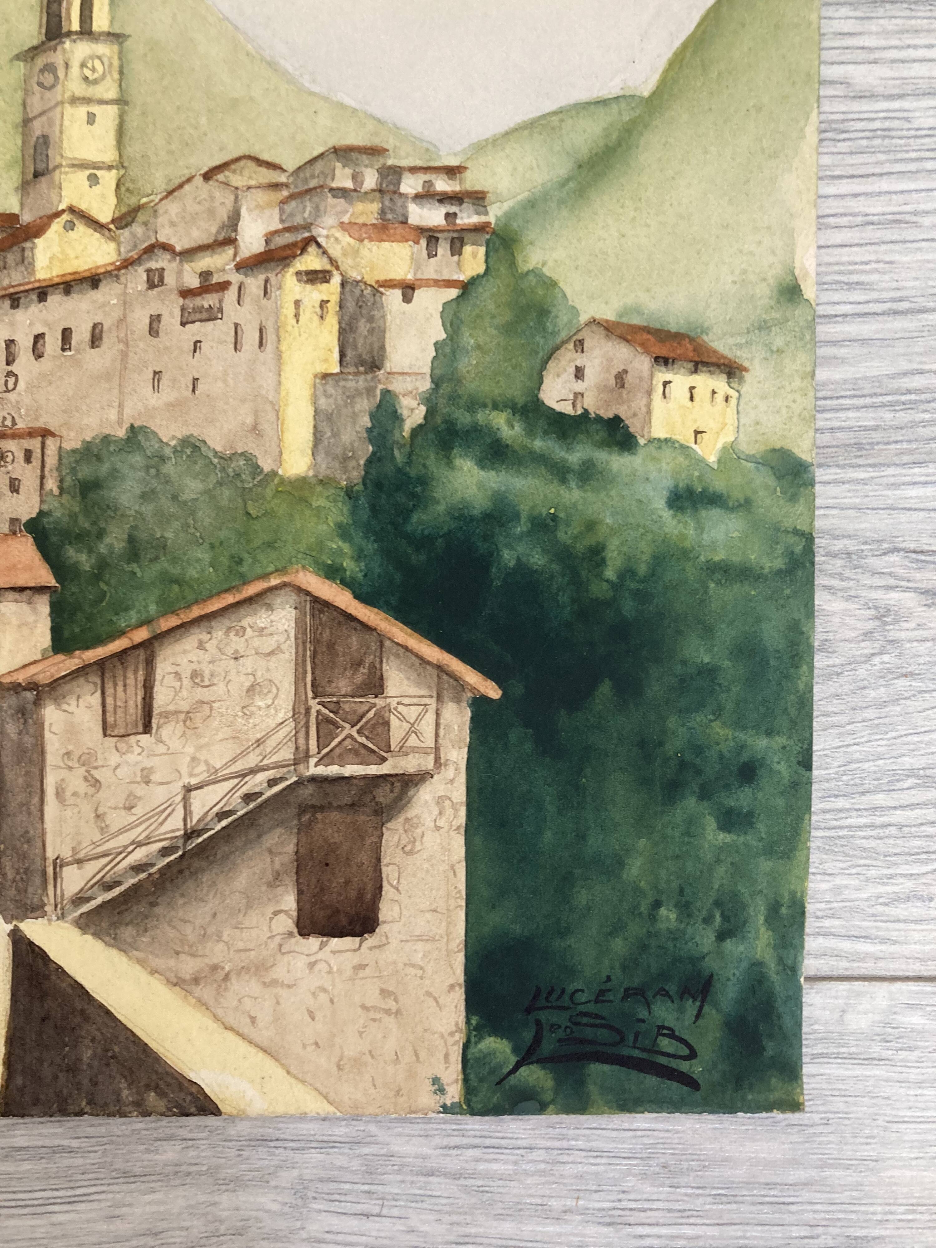 Signed watercolor of landscape with bell tower