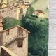 Signed watercolor of landscape with bell tower