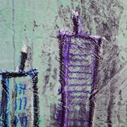 Contemporary paintig in teal, purple and green shades, acrylic on canvas