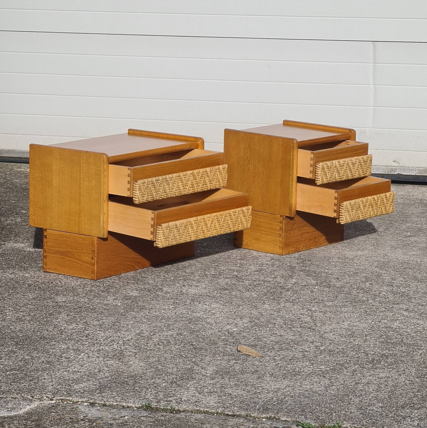 Pair of bedside tables, vintage rattan side furniture 1960