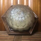 Ancienne Suspension Verre Moulé Doré + Contour Bois Vintage #A360