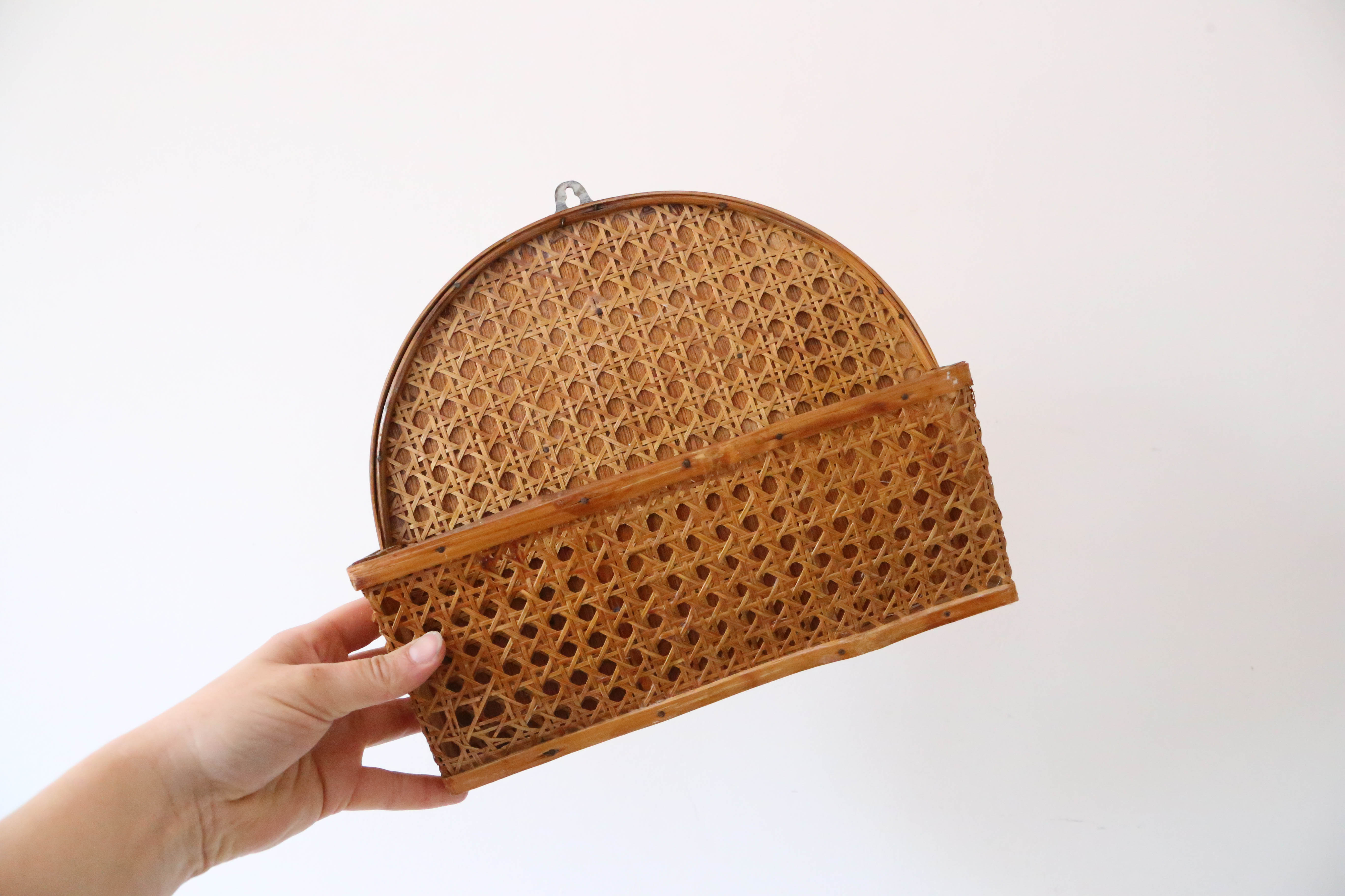 Mail holder, empty wall pocket, wicker and cannage, vintage