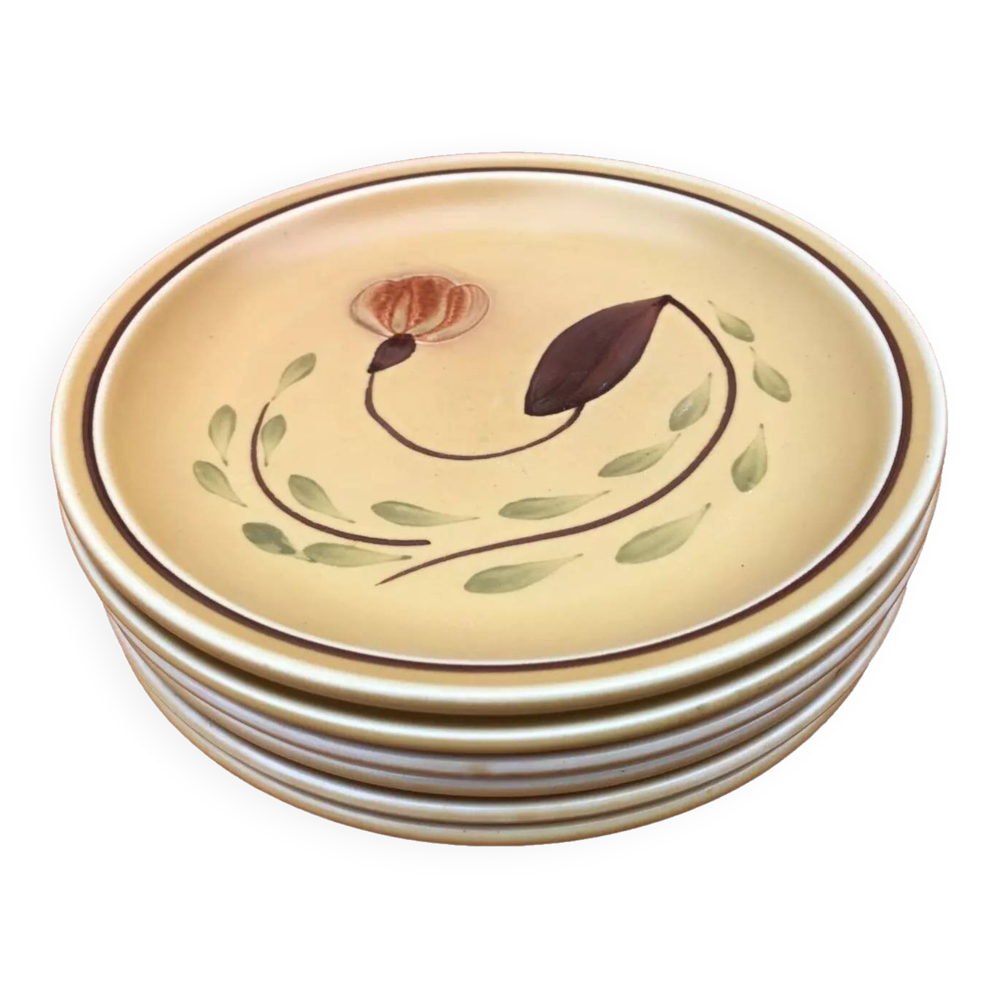 1960s 6 dessert plates Ateliers du Revernay France Matte stoneware Floral decoration