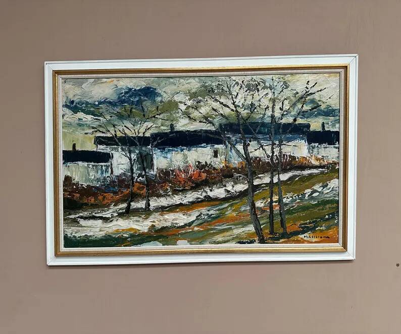 Large Original Swedish Oil on Panel – “Landscape with Houses and Trees” by Stig Hallblom – Signed – Vintage & Framed 90×59.5cm (35.4"×23.4")
