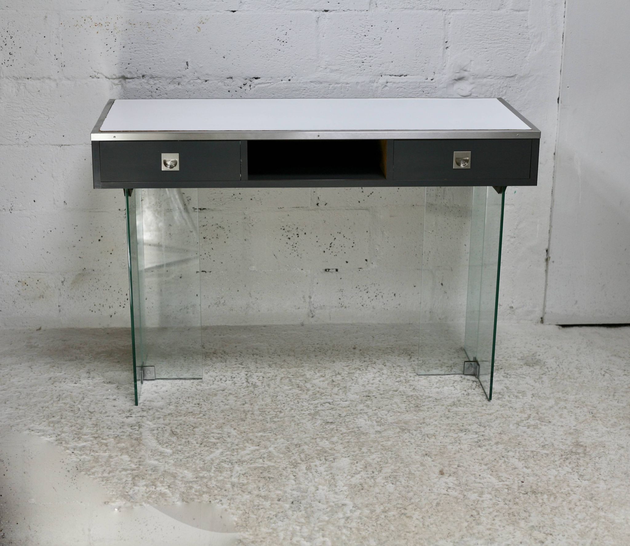 Modernist console, 60s, glass base, wooden and melamine top, white