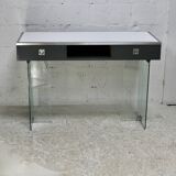Modernist console, 60s, glass base, wooden and melamine top, white