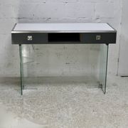Modernist console, 60s, glass base, wooden and melamine top, white