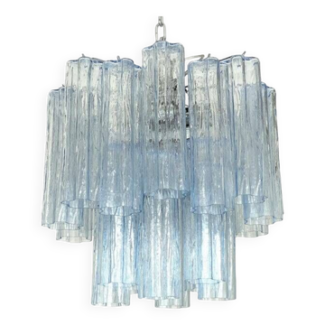 Contemporary sky-blue “tronchi” murano glass chandelier in venini style