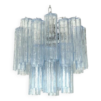 Contemporary sky-blue “tronchi” murano glass chandelier in venini style