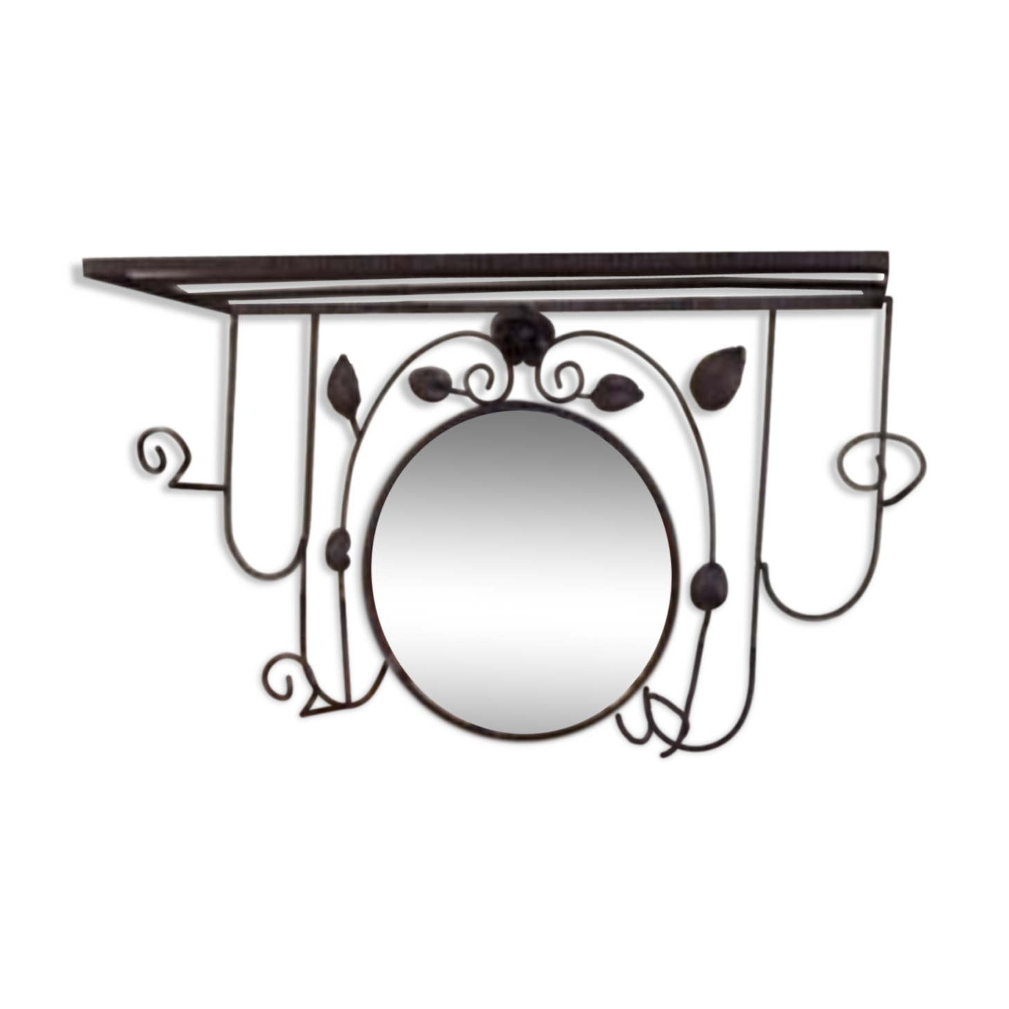 Coat rack with round mirror 4 patères - 30/40 year iron hat holder