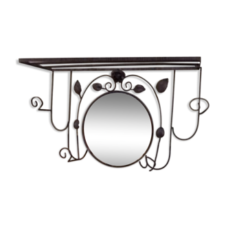 Coat rack with round mirror 4 patères - 30/40 year iron hat holder