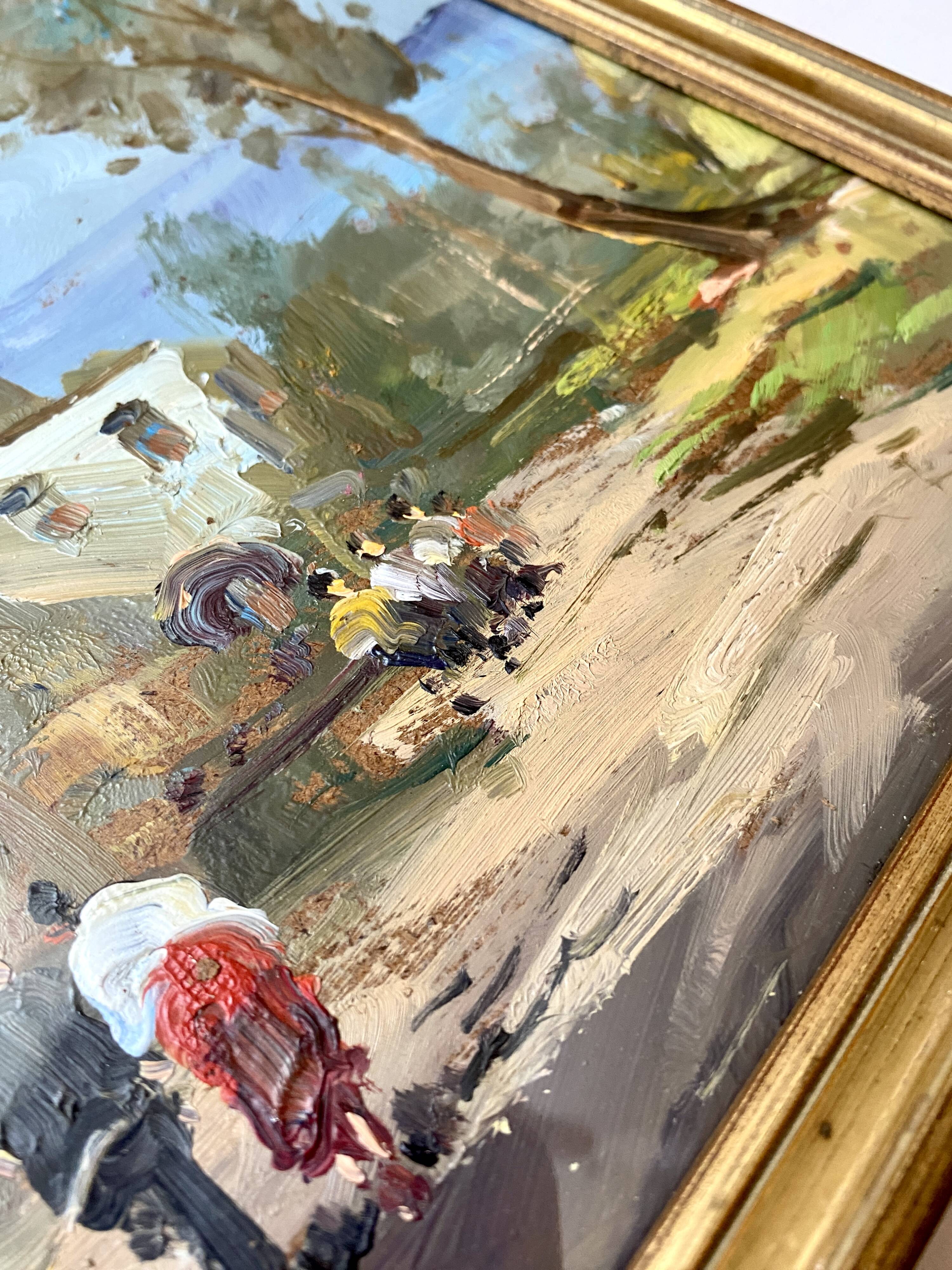 Huile 1950 mise sous verr, cadre bois doré