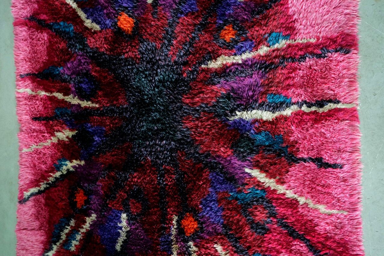 Abstract Scandinavian  Hand-Knotted High Pile Rya Rug Carpet, Sweden, 1960s