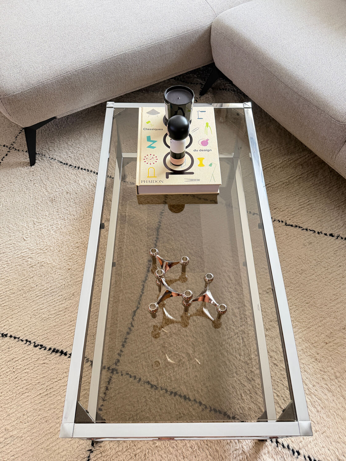 Table Basse Vintage Chrome & Verre Fumé (Style Belgo Chrom)