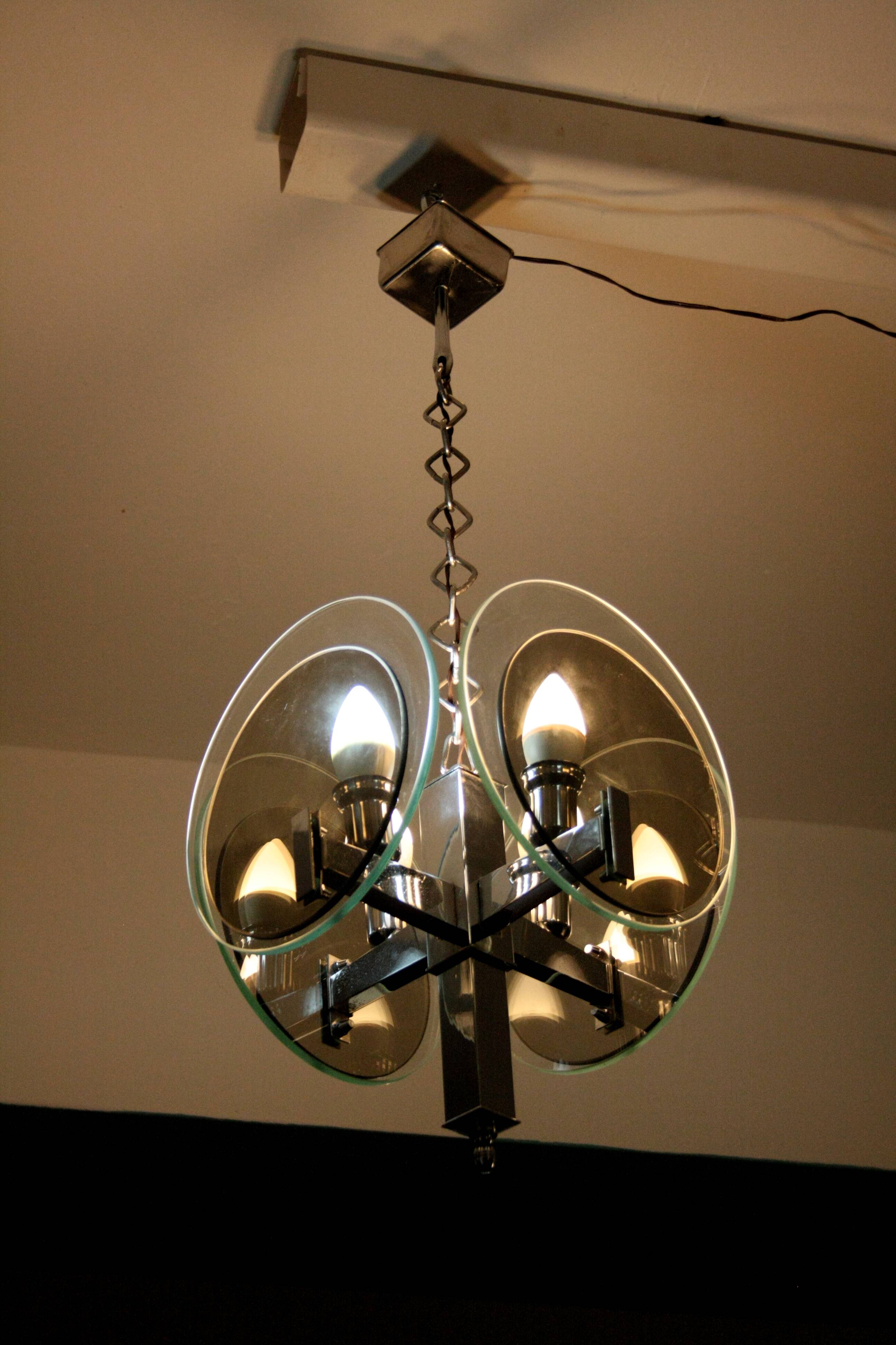 Vintage Art Deco chandelier in chrome metal and glass, Italy, 1970s
