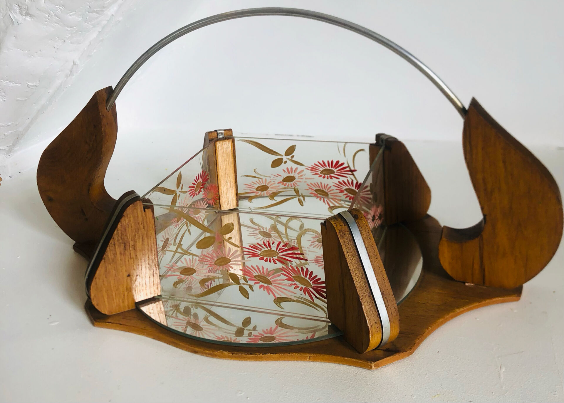 Vintage painted glass tray, wood and mirror