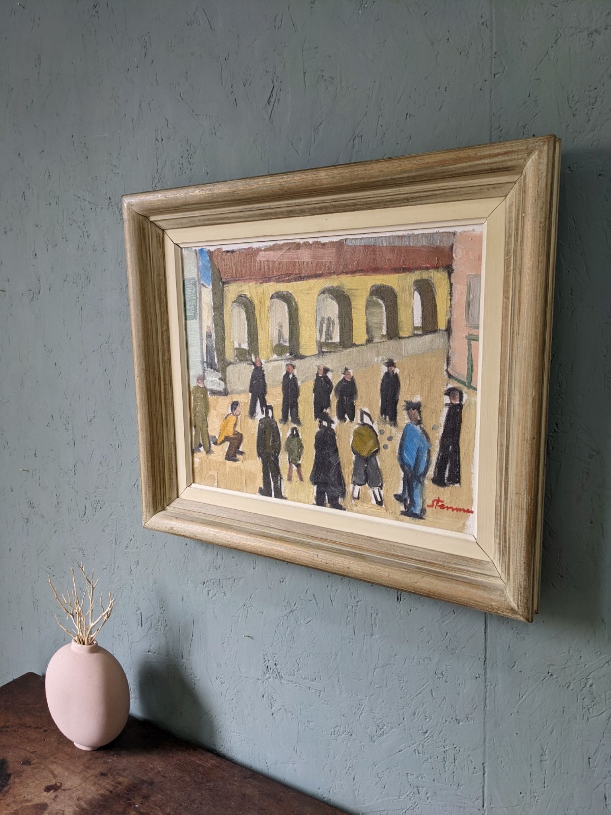 Mid-Century Modern Swedish Oil Painting "A Game of Petanque" Vintage Figurative Street Scene, Framed