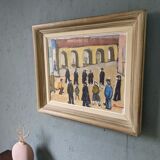 Mid-Century Modern Swedish Oil Painting "A Game of Petanque" Vintage Figurative Street Scene, Framed