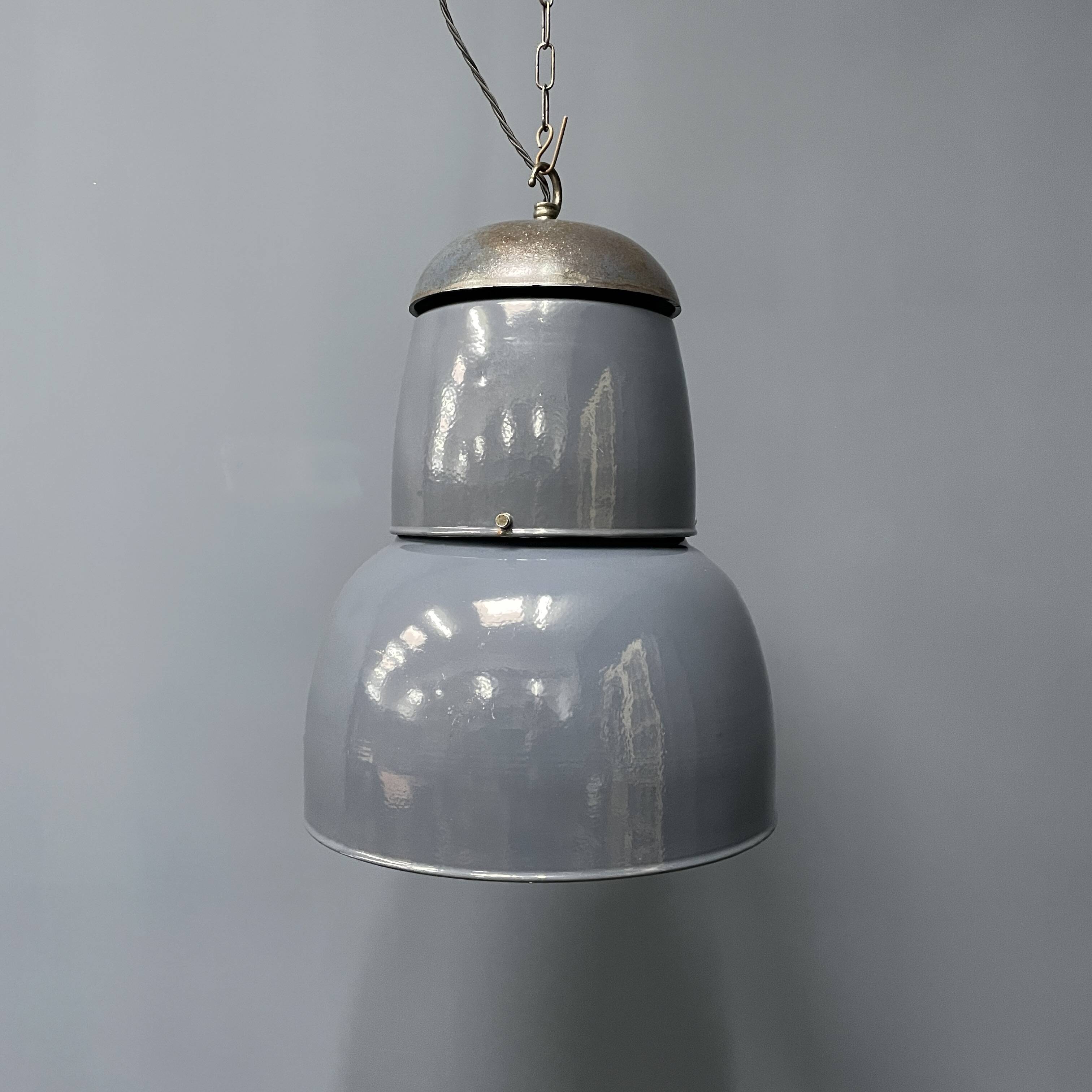 Large old industrial blue-gray enamel pendant lamp