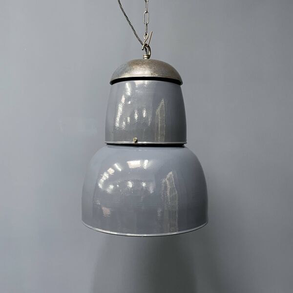 Grande lampe à suspension industrielle ancienne en émail bleu-gris
