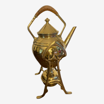 Samovar - Teapot in brass and rattan with a support and its adaptable stove Epoch 1900