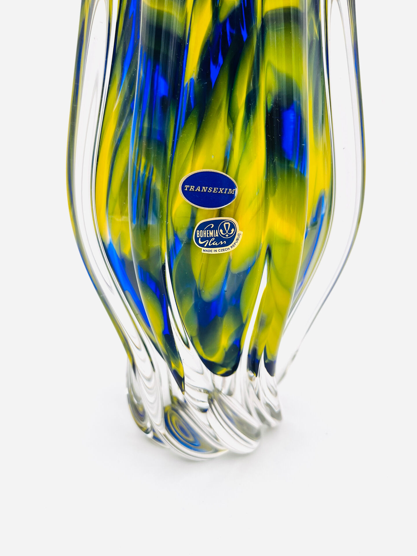Vase Josef Hospodka Chřibská Macchia Blue Yellow Bohemian Glass 60s