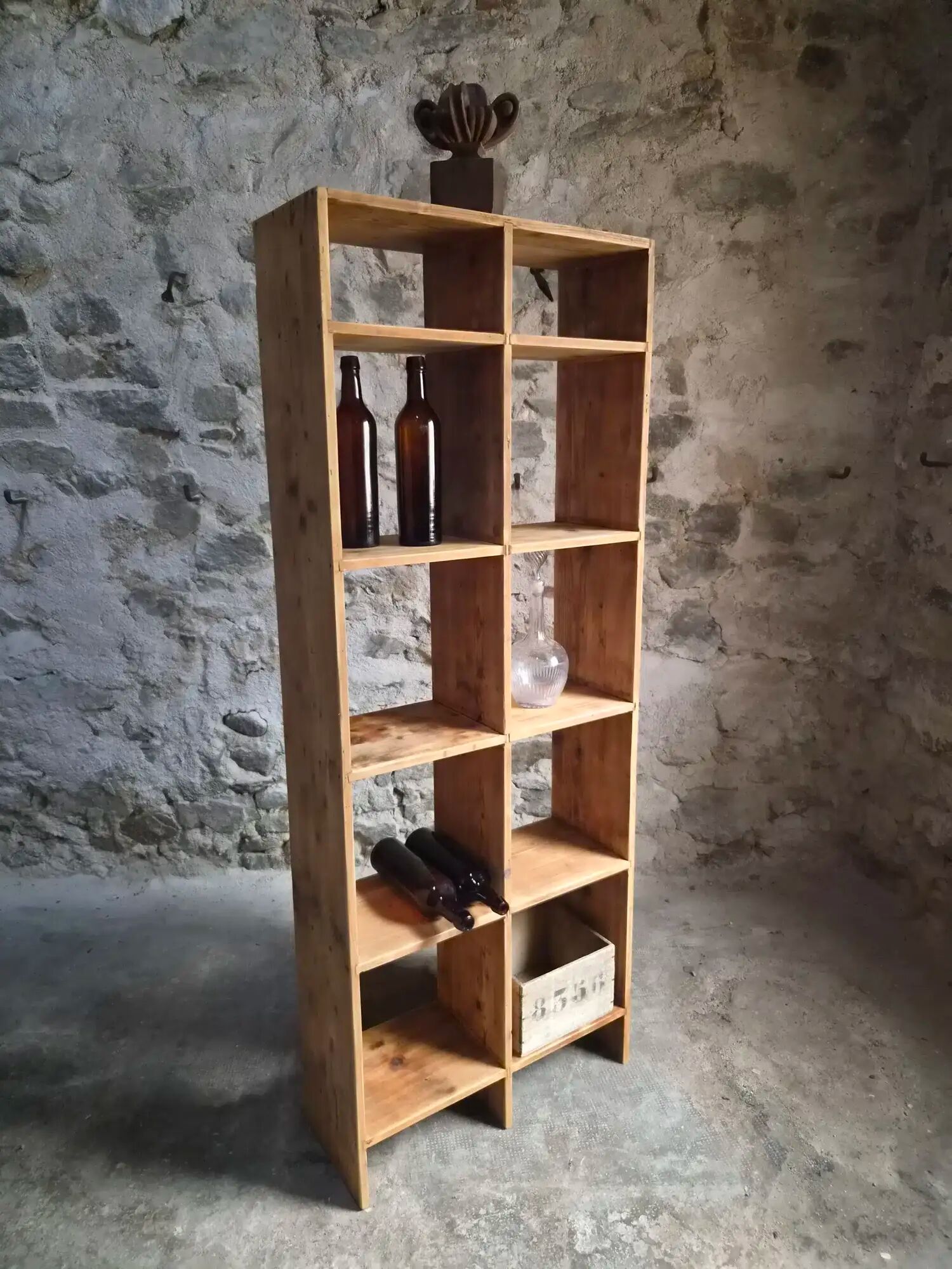 Vintage pine shelf with compartments, room divider, 1950s.