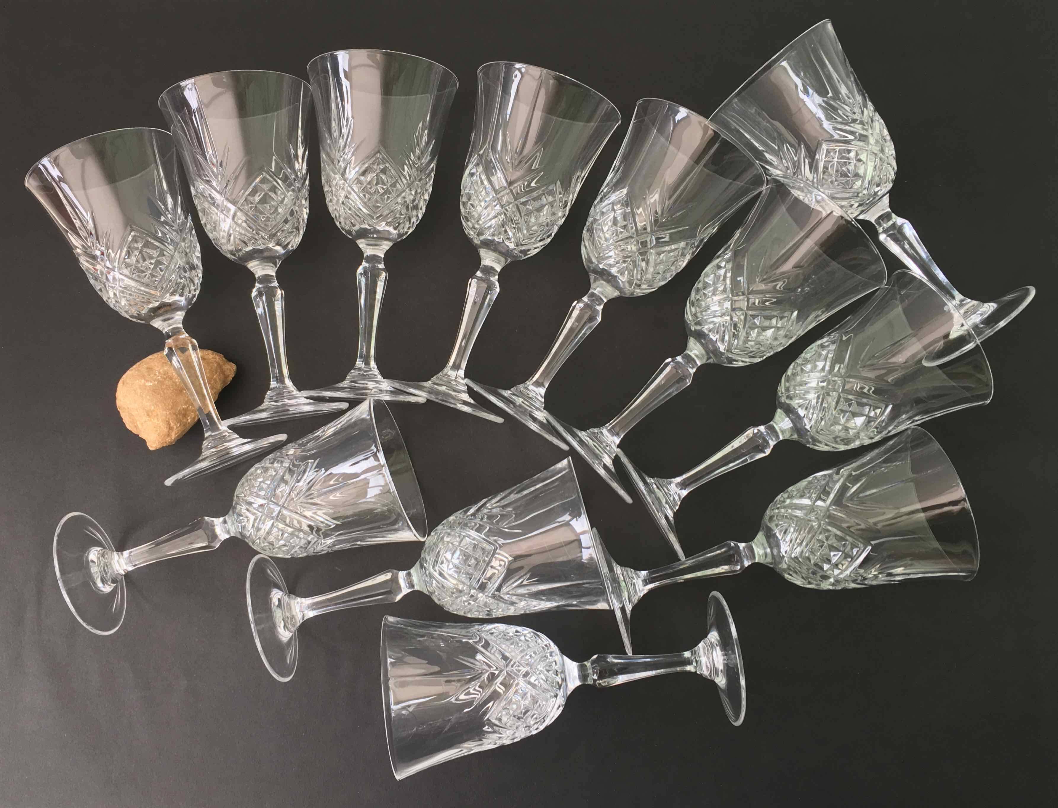 12 large cut crystal wine glasses