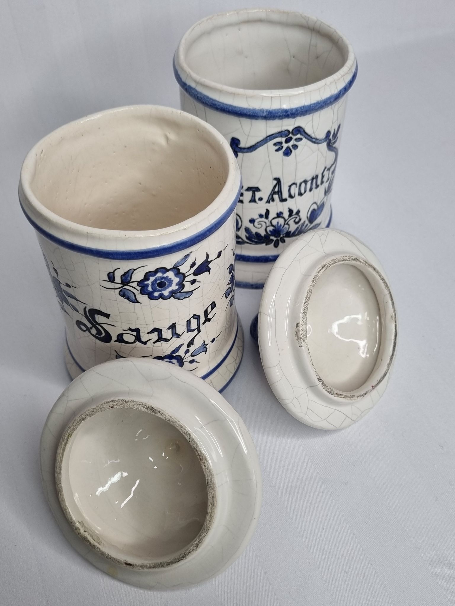 Pair of antique apothecary pots in glazed ceramic, Tuilerie Normande de Bavent