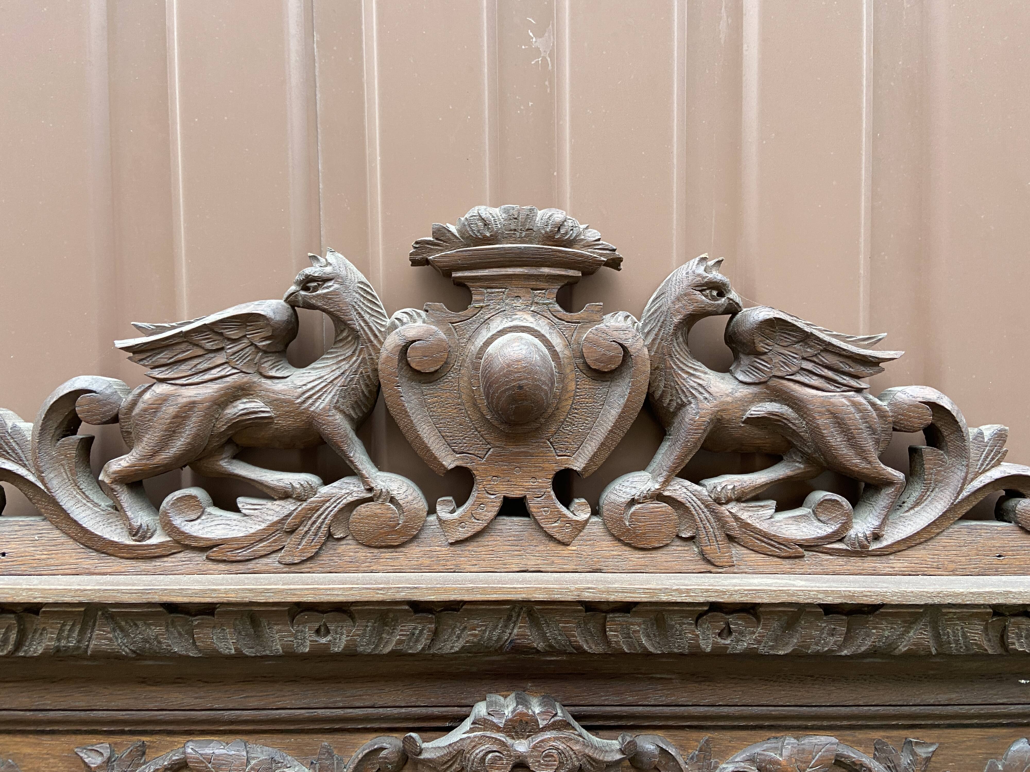 Renaissance style castle hunting mirror Louis XIII carved oak 1880